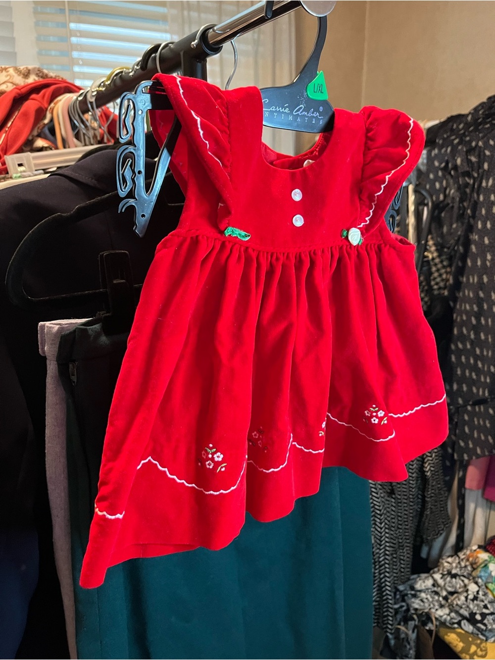Classic Red Velvet Girls' Dress with Embroidered Trim